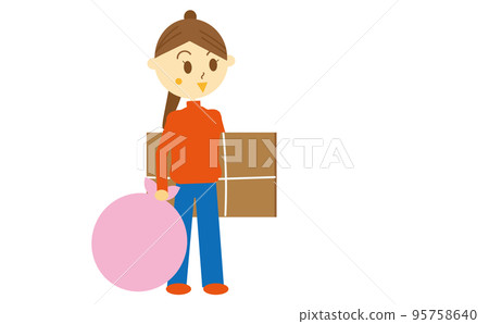 Illustration, sorting and sorting (no lines) of a woman who goes to throw away garbage with cardboard and garbage bags on non-burnable garbage collection day 95758640