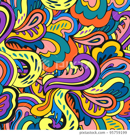 Colorful seamless pattern with crazy psychedelic organic abstract elements, print with plant and mushrooms motifs Colorful seamless pattern with crazy psychedelic organic abstract elements, print with plant and mushrooms motifs 95759199