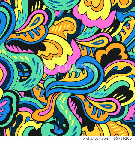 Colorful seamless pattern with crazy psychedelic organic abstract elements, print with plant and mushrooms motifs  95759200