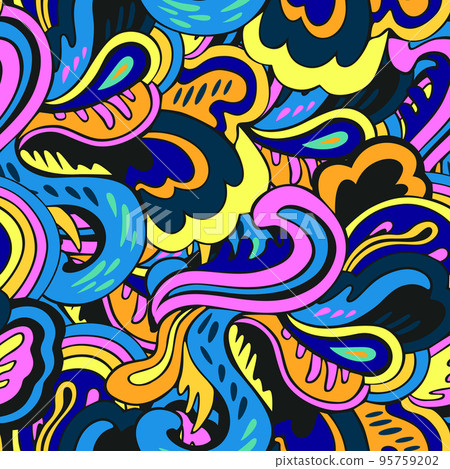 Colorful seamless pattern with crazy psychedelic organic abstract elements, print with plant and mushrooms motifs Colorful seamless pattern with crazy psychedelic organic abstract elements, print with plant and mushrooms motifs 95759202