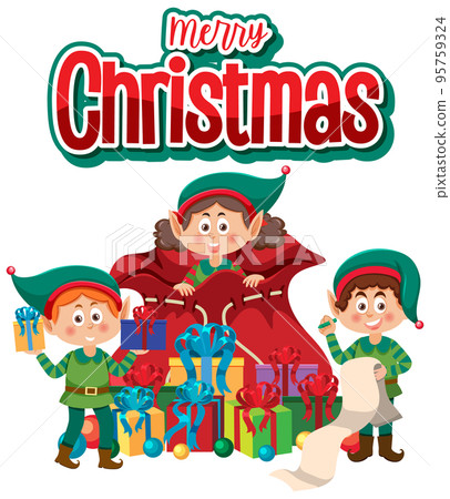 Merry Christmas text with elves cartoon character Merry Christmas text with elves cartoon character 95759324