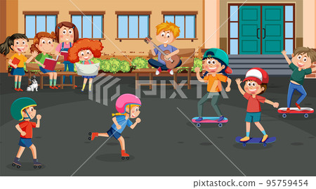 Children playing skateboards cartoon Children playing skateboards cartoon 95759454