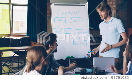 Handsome young man is making creative presentation for multiracial team using whiteboard, he is pointing at text with marker and talking. Business trainer and office concept. 95761083