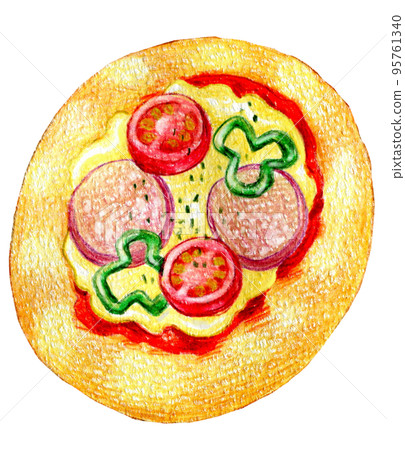 One point of colored pencil drawing of pizza bread with lots of ingredients One point of colored pencil drawing of pizza bread with lots of ingredients 95761340