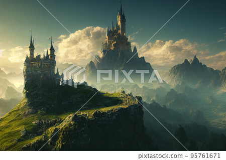城堡 幻想 山 森林 天空 雄偉 冒險 95761671