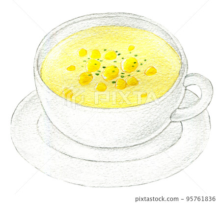 Colored pencil drawing of soup in a cup One point corn soup 95761836