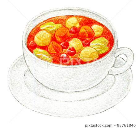 Colored pencil drawing of soup in a cup One point Minestrone 95761840