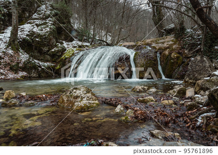 Cascades of Djur-Djur waterfall on Ulu-Uzen river in early spring. Khapkhalskiy canyon in Crimea 95761896