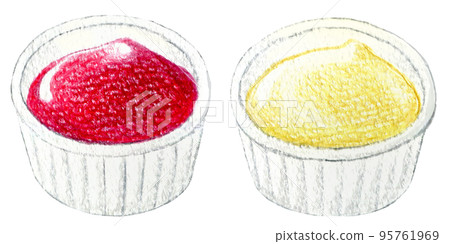 One point of colored pencil drawing of ketchup and mayonnaise in a cup 95761969