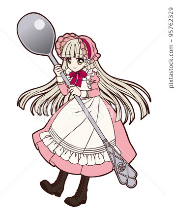 一個拿著勺子的小女孩的動漫風格插圖 95762329