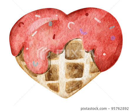 Waffles with strawberries glaze and sprinkles. Watercolor illustration. Waffles with strawberries glaze and sprinkles. Watercolor illustration. 95762892