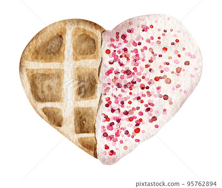 Waffles with strawberries glaze and sprinkles. Watercolor illustration. 95762894