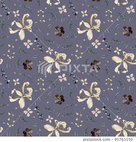Dry flowers seamless pattern on dusty blue background. Eucalyptus, different plants and leaves, dry lylies and berries. Best for dresses fabrics, wallpapers, boxes designs 95763150