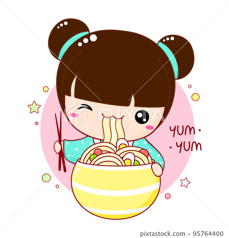 Cute little girl eat ramen noodles. Inscription Yum yum. Kawaii baby girl are happy to eat noodles Cute little girl eat ramen noodles. Inscription Yum yum. Kawaii baby girl are happy to eat noodles 95764400