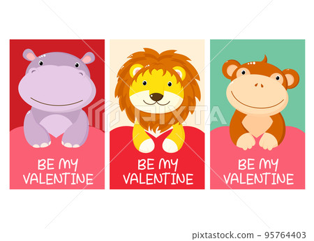 Set of Valentine's day cards with cute animal - hippo, monkey, lion. Baby collection of gift tag with animal 95764403