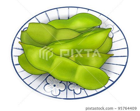 A hand-drawn illustration of a realistic taste of edamame snacks served on a small plate with a Japanese pattern A hand-drawn illustration of a realistic taste of edamame snacks served on a small plate with a Japanese pattern 95764409
