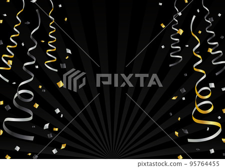 Background frame material with flying ribbons and confetti Black gold and silver 95764455