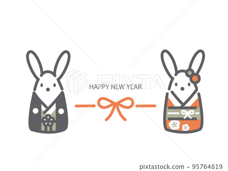 兔年新年賀卡簡單而時尚的線條畫插圖兔子穿著日式服裝吉祥物風格 95764819
