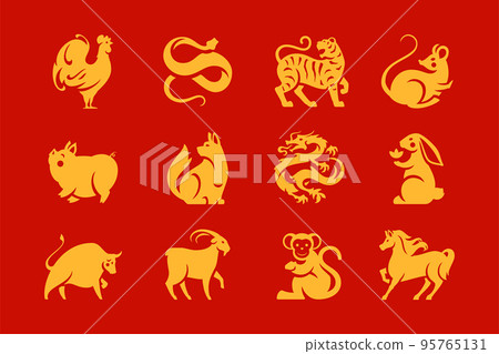 China New Year Asian horoscope animals golden Stock