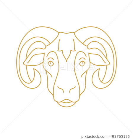 Goat muzzle with curved horns monochrome golden line icon vector illustration. Sheep ram head 95765155