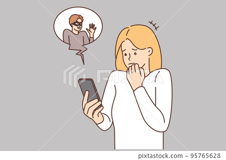 Scared woman frustrated with internet scam on cell Scared woman frustrated with internet scam on cell 95765628