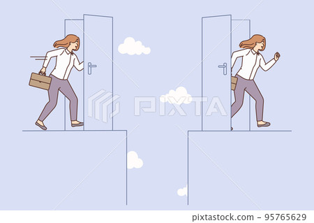 Smiling businesswoman walk in shortcut door find solution Smiling businesswoman walk in shortcut door find solution 95765629