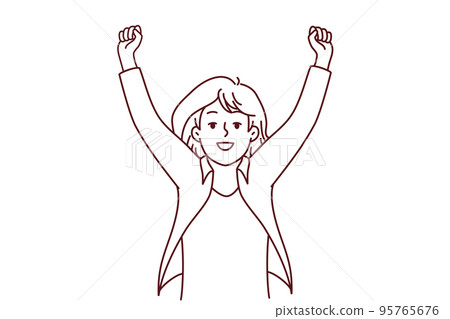 Smiling woman raise hands celebrate win 95765676