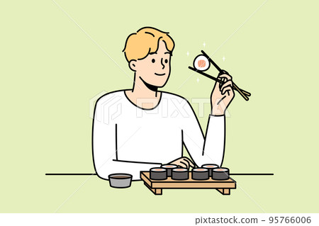 Smiling man eat sushi with chopsticks  95766006