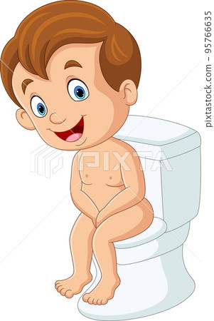 Cartoon little boy sitting on the toilet 95766635