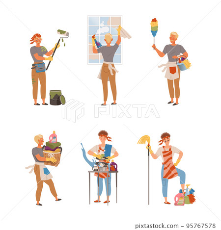 Househusband doing daily routine set. Young man painting wall, wiping dust, washing window, putting clothes at wardrobe vector illustration Househusband doing daily routine set. Young man painting wall, wiping dust, washing window, putting clothes at wardrobe vector illustration 95767578