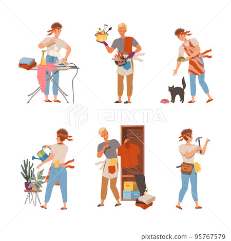 Househusband doing daily routine set. Man ironing clothes, cooking, watering houseplants, feeding pet animal vector illustration 95767579