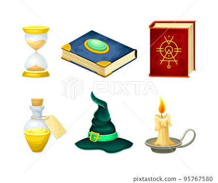 Magic objects set. Book, hourglass, with hat, chest, burning candle vector illustration 95767580