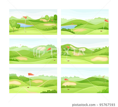 Golf courses set. Green summer course with holes, sand traps and flags vector illustration 95767593