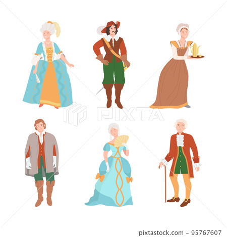 People dressed in medieval fashion vintage dress, historical clothes set vector illustration People dressed in medieval fashion vintage dress, historical clothes set vector illustration 95767607