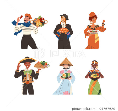 People in national costumes with traditional dishes set. Men and women dressed in national clothes vector illustration 95767620