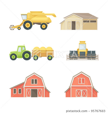 Farm objects set. Barn, farmhouse, harvester, tractor. Farming and agriculture vector illustration Farm objects set. Barn, farmhouse, harvester, tractor. Farming and agriculture vector illustration 95767683