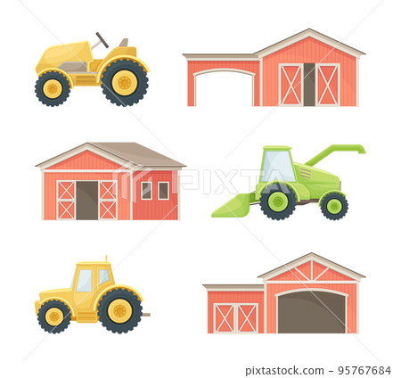 Farm objects set. Red barn, farmhouse, tractor. Farming and agriculture vector illustration Farm objects set. Red barn, farmhouse, tractor. Farming and agriculture vector illustration 95767684