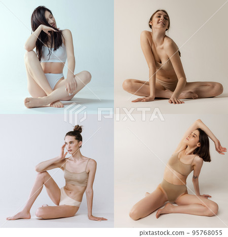 Collage. Full-length portraits of young beautiful women with slim body in cotton underwear posing over grey background. 95768055