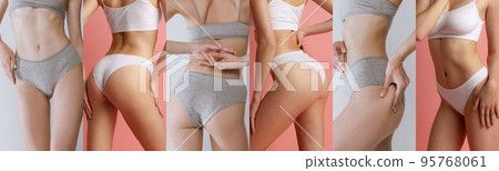 Collage. Cropped images of female bodies, bodies, buttocks, legs over grey pink background 95768061