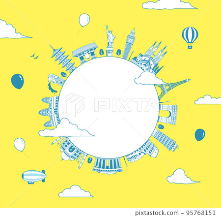 World famous buildings (ruins, buildings, world heritage) circular illustrations / central character space 95768151