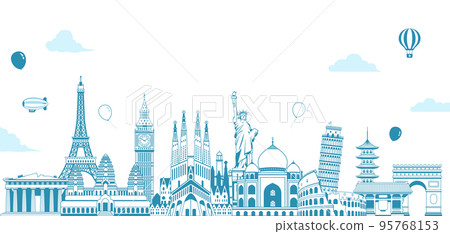 World famous buildings (ruins, buildings, world heritage) horizontal banner illustration / overseas travel, world image 95768153