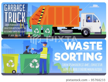Garbage truck and waste sorting banners set, flat vector illustration. Garbage truck and waste sorting banners set, flat vector illustration. 95768233