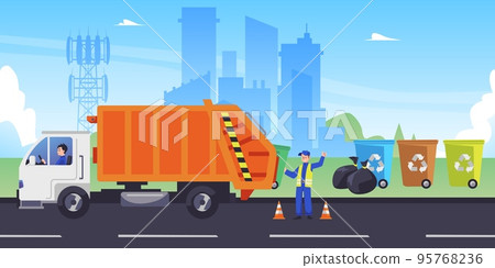 Garbage man loads bins of sortet waste in truck, city background, flat vector illustration. Garbage man loads bins of sortet waste in truck, city background, flat vector illustration. 95768236