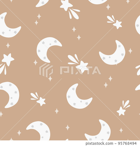 Cute seamless childish simple pattern for kids with cute moons and stars in Scandinavian style. Baby pattern with night sky. Fabric design. Cute seamless childish simple pattern for kids with cute moons and stars in Scandinavian style. Baby pattern with night sky. Fabric design. 95768494