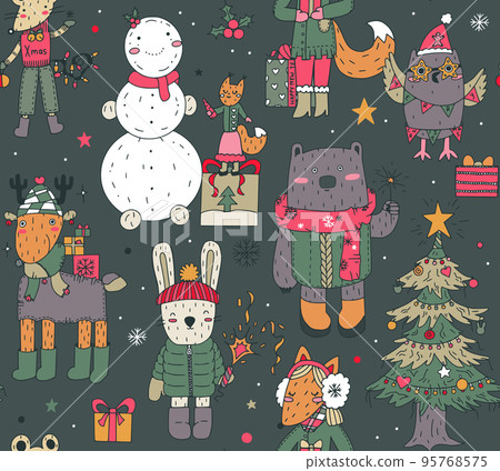 Vector Christmas seamless pattern with hand drawn trees, animals, gift boxes. Vector Christmas seamless pattern with hand drawn trees, animals, gift boxes. 95768575