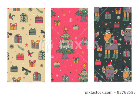 Set of three vector Christmas seamless patterns with hand drawn trees, animals, gift boxes. Collection of endless background with new year symbols Set of three vector Christmas seamless patterns with hand drawn trees, animals, gift boxes. Collection of endless background with new year symbols 95768583
