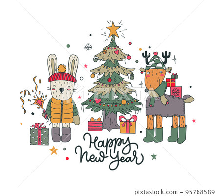 Christmas card with hand drawn funny animals, snowflakes and holiday handwritten lettering 95768589