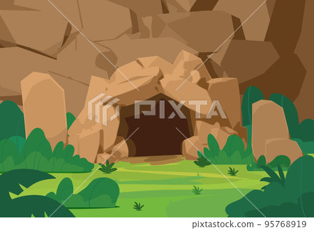 Background with entrance to stone cave or coal mine flat vector illustration. 95768919