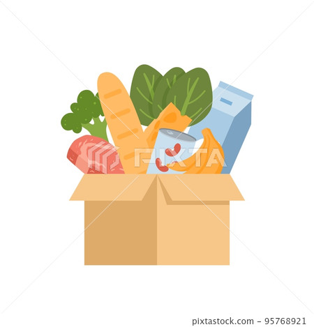 Cardboard box with food products flat style, vector illustration Cardboard box with food products flat style, vector illustration 95768921