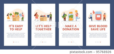 Charity and donation banners set for mobile onboarding screens, flat vector. Charity and donation banners set for mobile onboarding screens, flat vector. 95768926